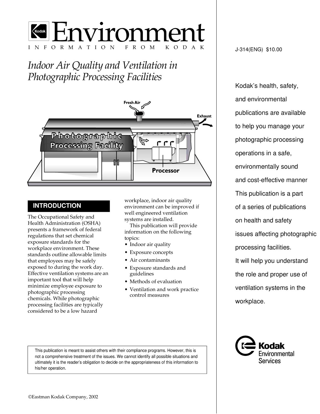 Kodak J-314 manual Environment, Introduction 