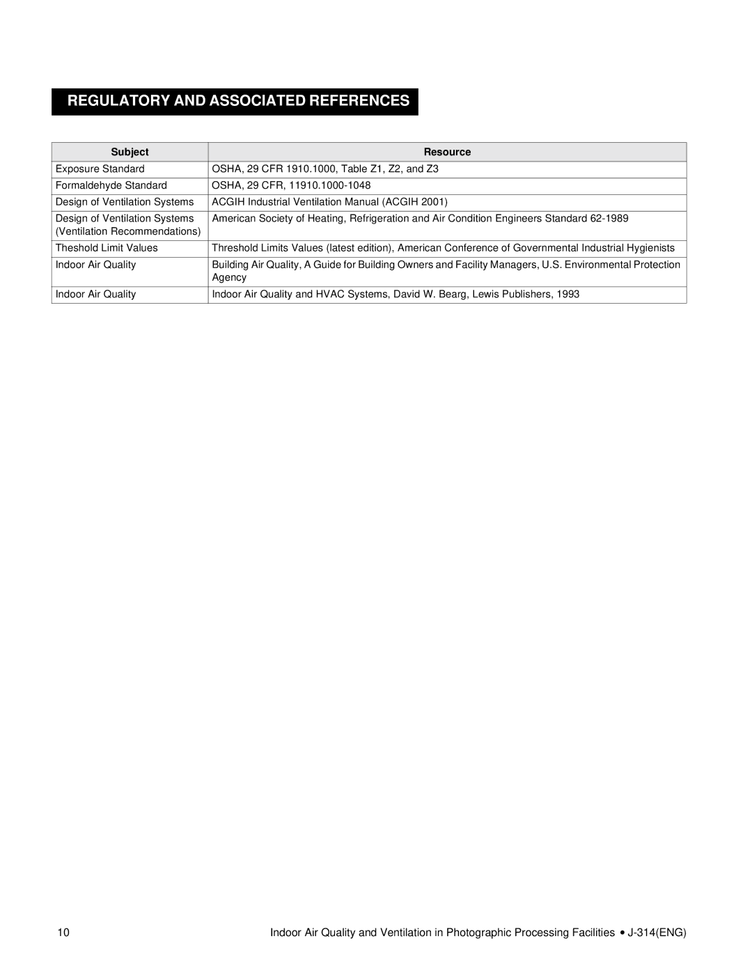 Kodak J-314 manual Regulatory and Associated References, Subject Resource 