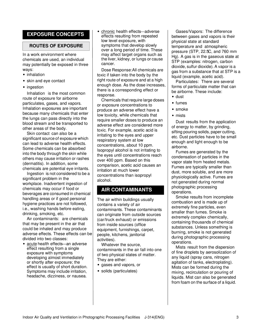 Kodak J-314 manual Exposure Concepts, AIR Contaminants, Routes of Exposure 