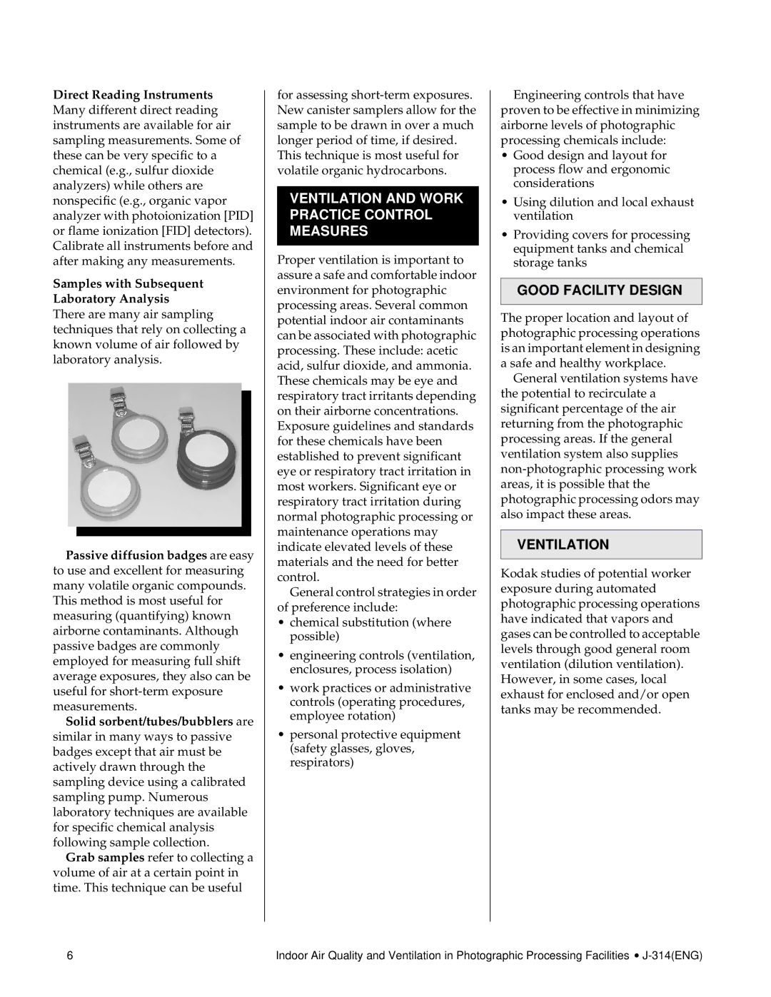 Kodak J-314 manual Good Facility Design, Ventilation 