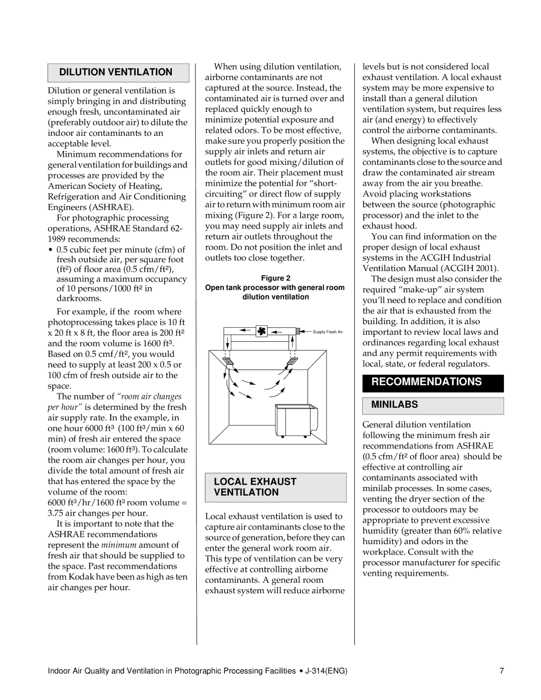 Kodak J-314 manual Recommendations, Dilution Ventilation, Local Exhaust Ventilation, Minilabs 