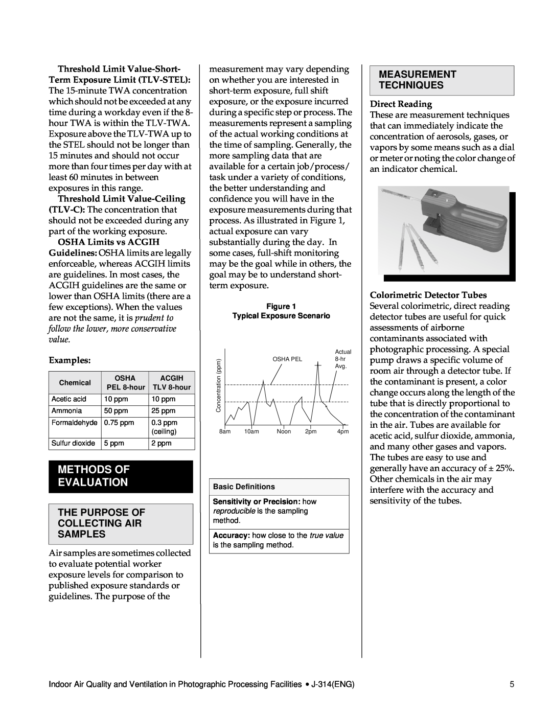 Kodak J-314 manual Methods Of Evaluation, The Purpose Of Collecting Air Samples, Measurement Techniques 