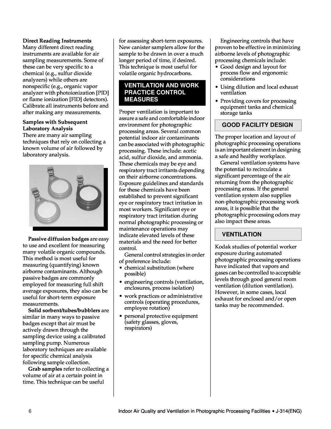 Kodak J-314 manual Ventilation And Work Practice Control Measures, Good Facility Design 