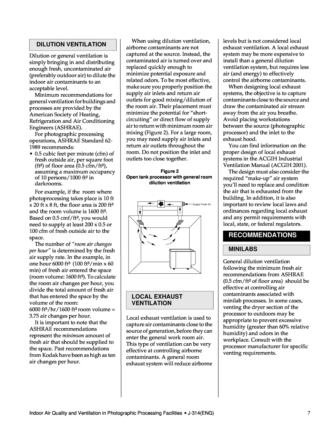 Kodak J-314 manual Recommendations, Dilution Ventilation, Local Exhaust Ventilation, Minilabs 