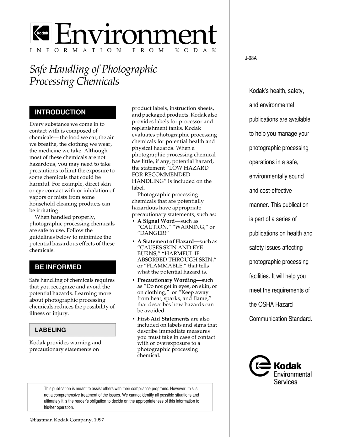 Kodak J-98A instruction sheet Introduction, Be Informed, Labeling 