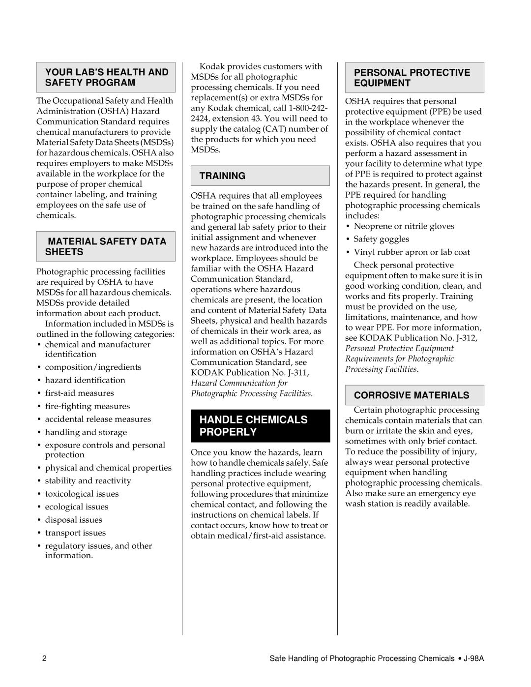 Kodak J-98A instruction sheet Handle Chemicals Properly 