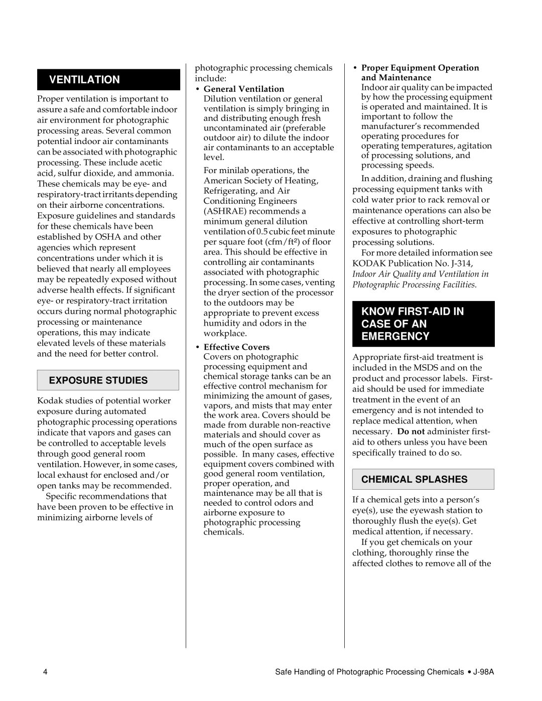 Kodak J-98A instruction sheet Ventilation, Know FIRST-AID Case of AN Emergency, Exposure Studies, Chemical Splashes 