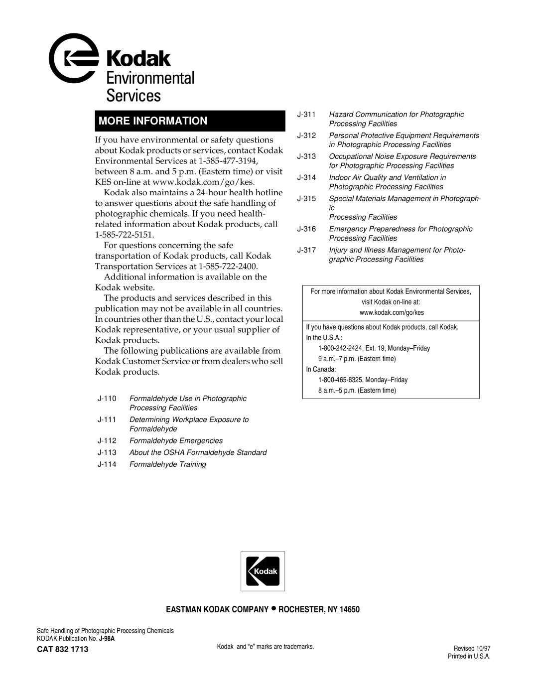 Kodak J-98A instruction sheet More Information, Eastman Kodak Company ROCHESTER, NY 