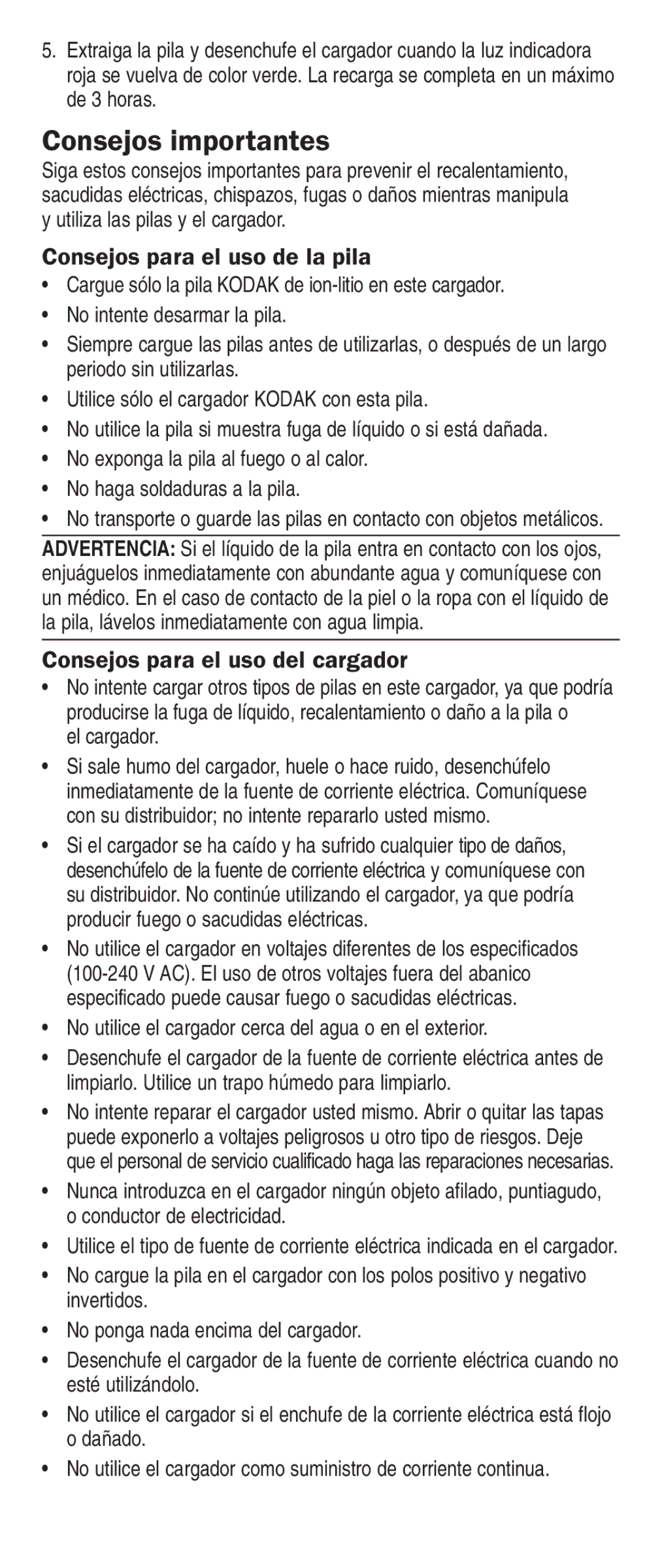 Kodak K5000 manual Consejos importantes, Consejos para el uso de la pila, Consejos para el uso del cargador 