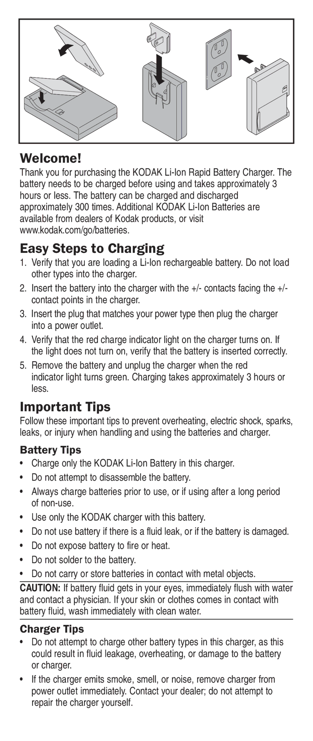 Kodak K5000 manual Easy Steps to Charging, Important Tips, Battery Tips, Charger Tips 