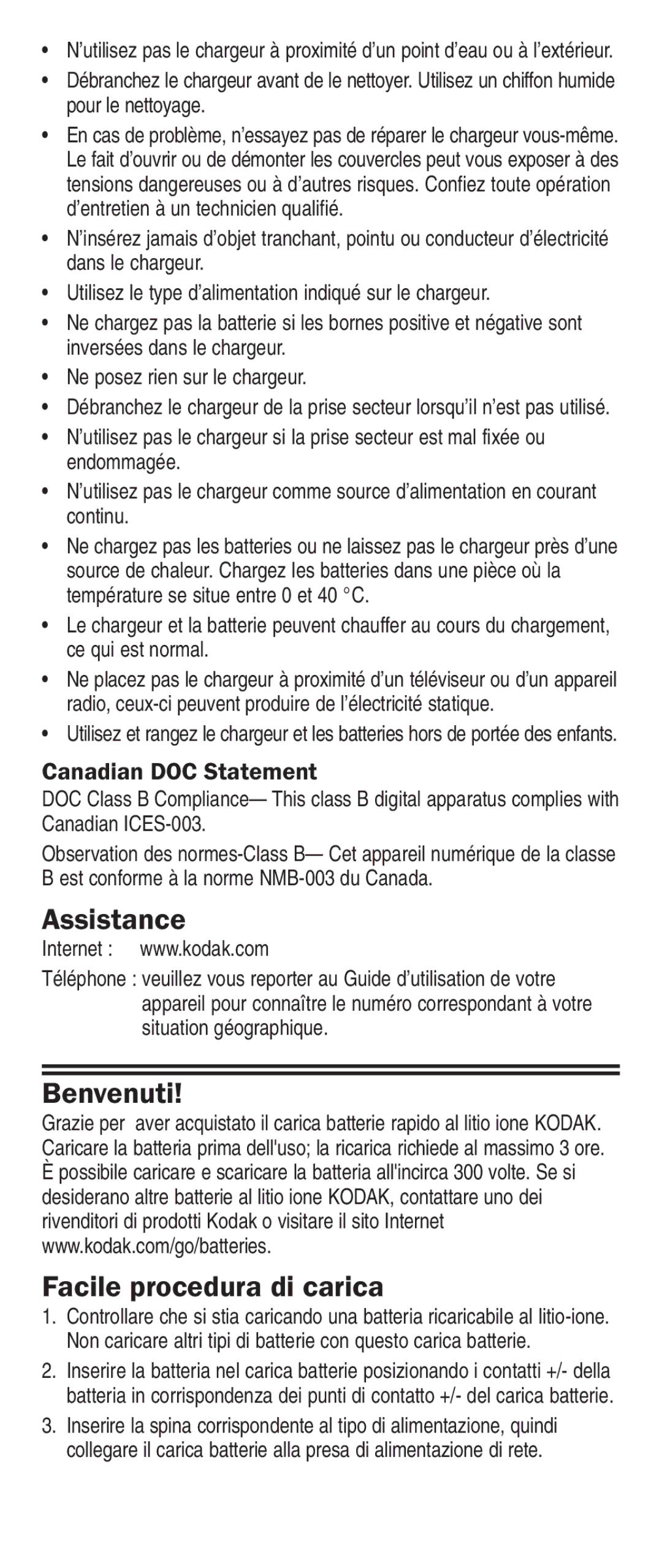 Kodak K5000 manual Assistance, Benvenuti, Facile procedura di carica, Canadian DOC Statement 