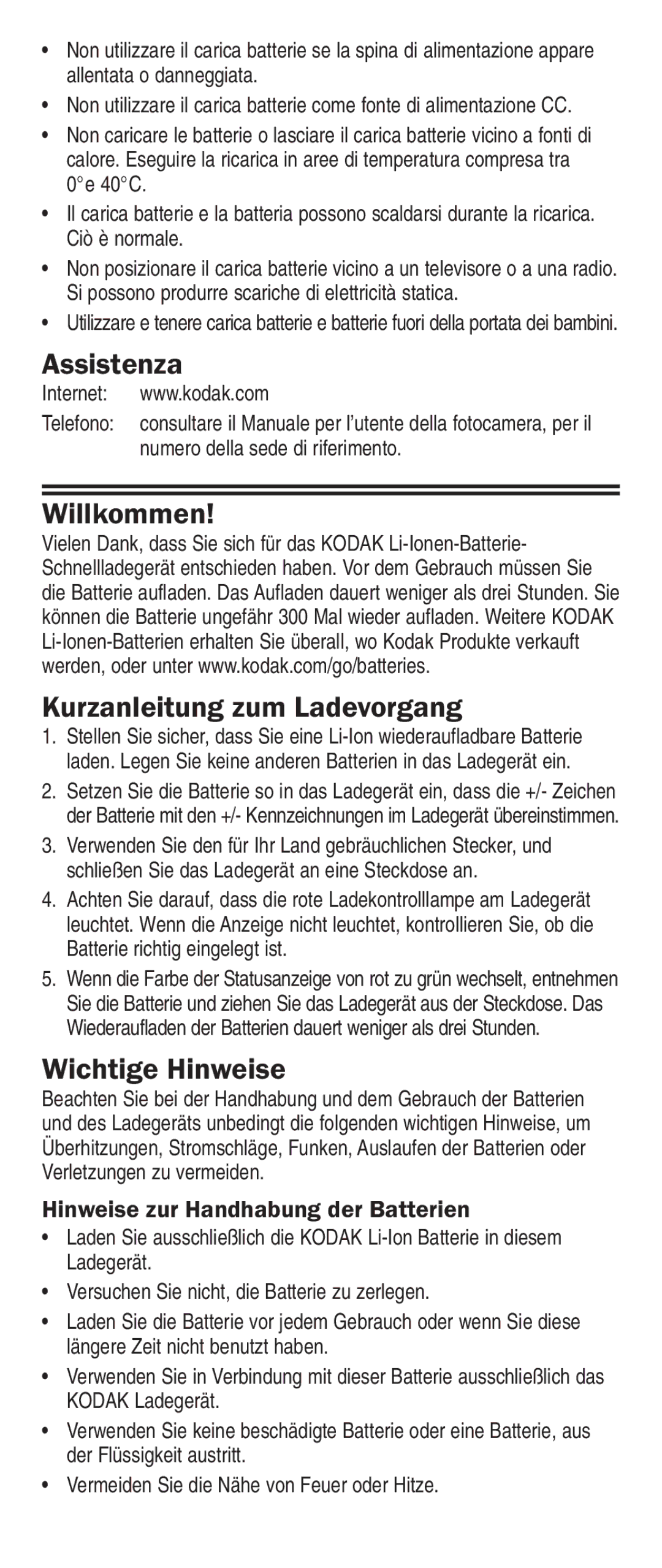 Kodak K5000 Assistenza, Willkommen Kurzanleitung zum Ladevorgang, Wichtige Hinweise, Hinweise zur Handhabung der Batterien 