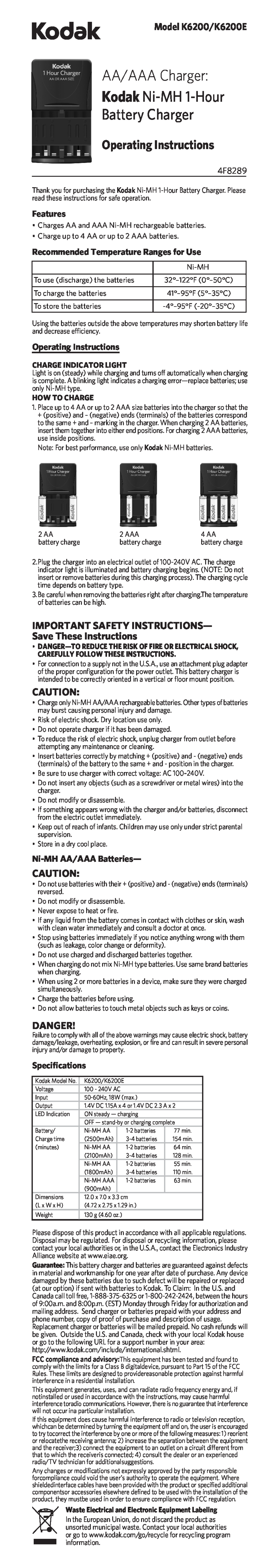 Kodak K6200 operating instructions AA/AAA Charger Kodak Ni-MH 1-Hour Battery Charger, Operating Instructions, Danger 