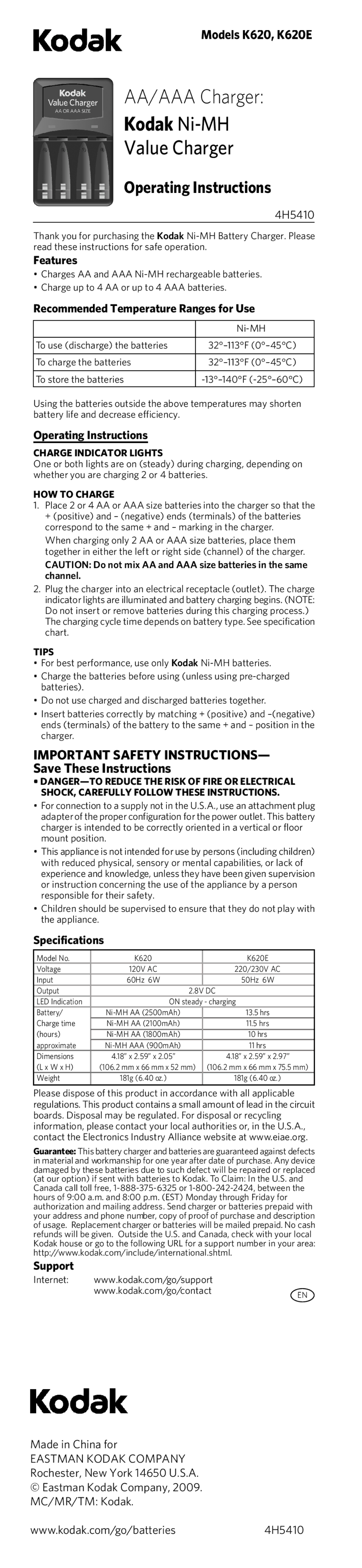 Kodak K620E operating instructions Features, Recommended Temperature Ranges for Use, Operating Instructions, Support 