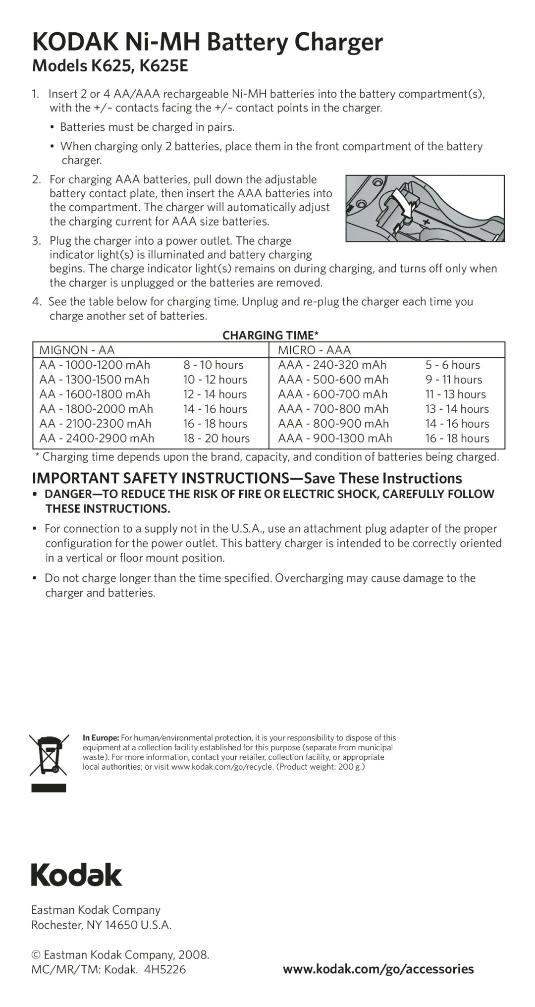 Kodak important safety instructions Kodak Ni-MH Battery Charger, Models K625, K625E, Charging Time, Mignon AA Micro AAA 