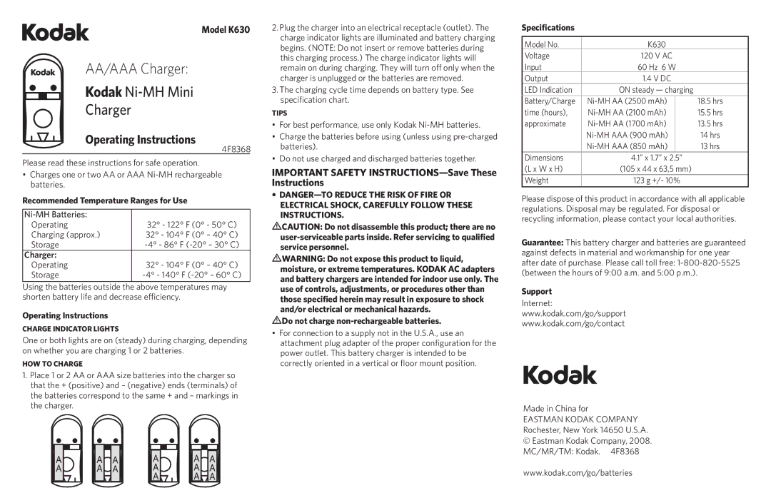 Kodak K630 important safety instructions Recommended Temperature Ranges for Use, Charger, Operating Instructions, Support 