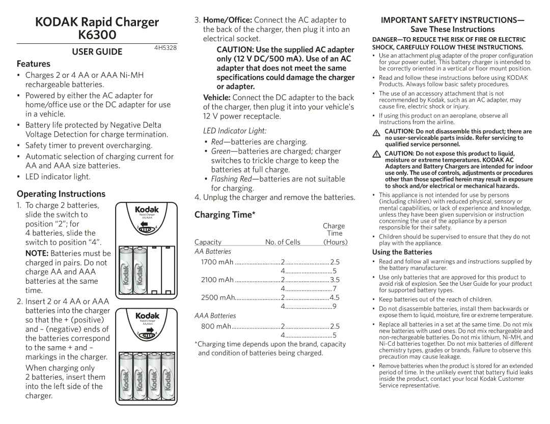 Kodak K6300 operating instructions Features, Operating Instructions, Charging Time, Important Safety Instructions 