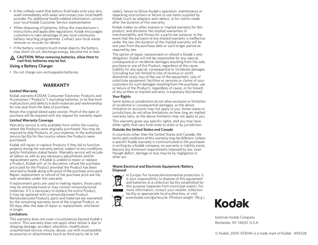 Kodak K6300 operating instructions Warranty 