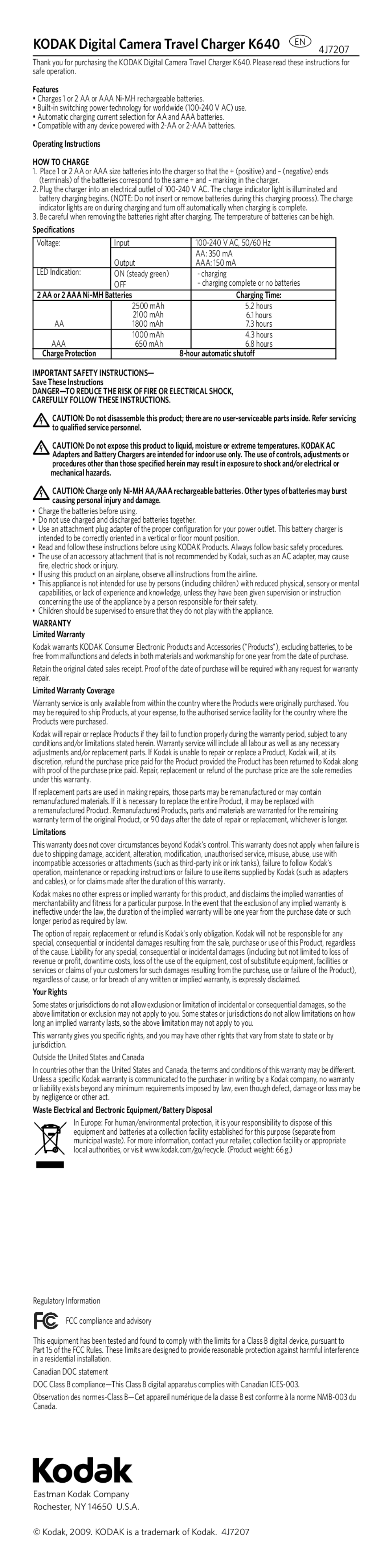 Kodak K640 operating instructions HOW to Charge, Warranty 