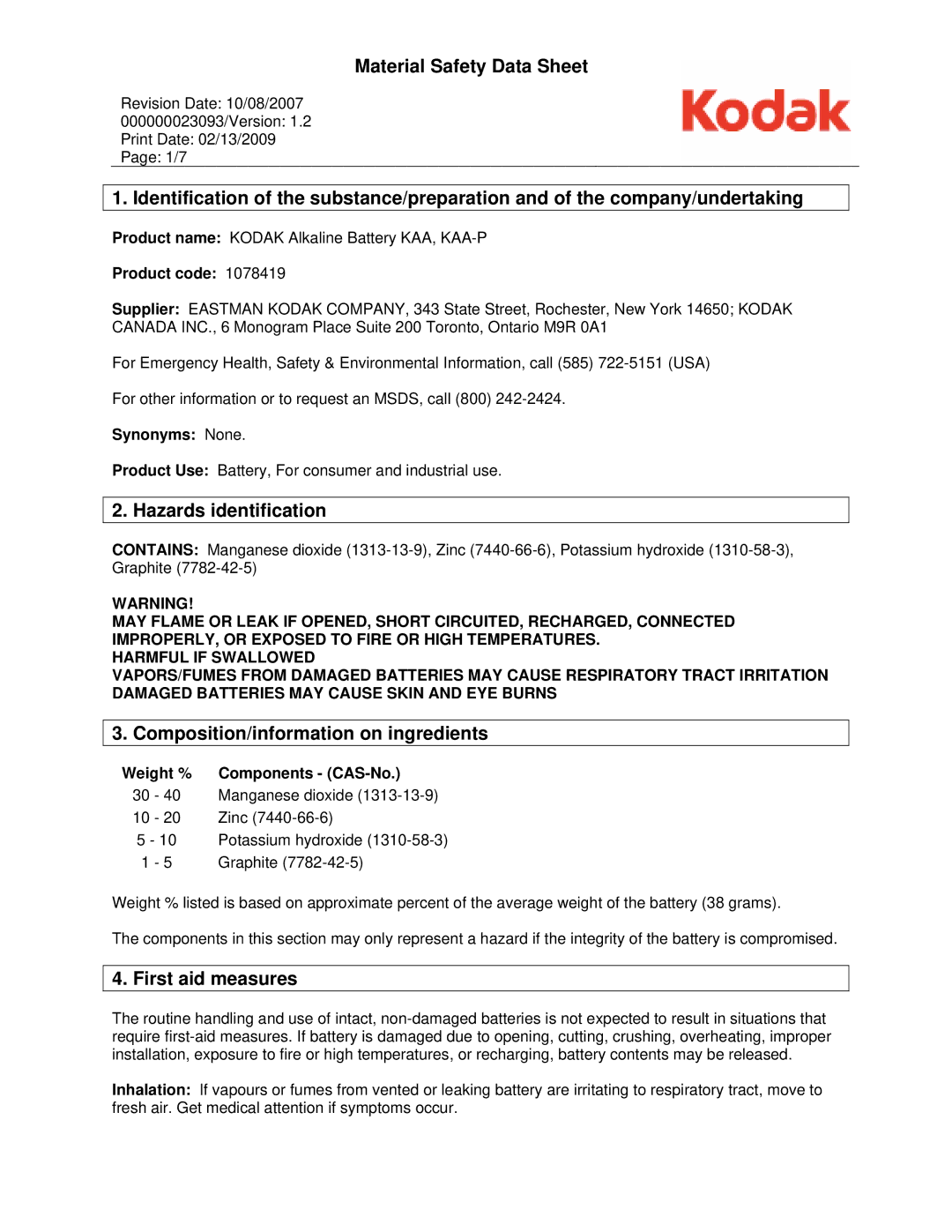 Kodak 1078419, KAA-P manual Material Safety Data Sheet, Hazards identification, Composition/information on ingredients 