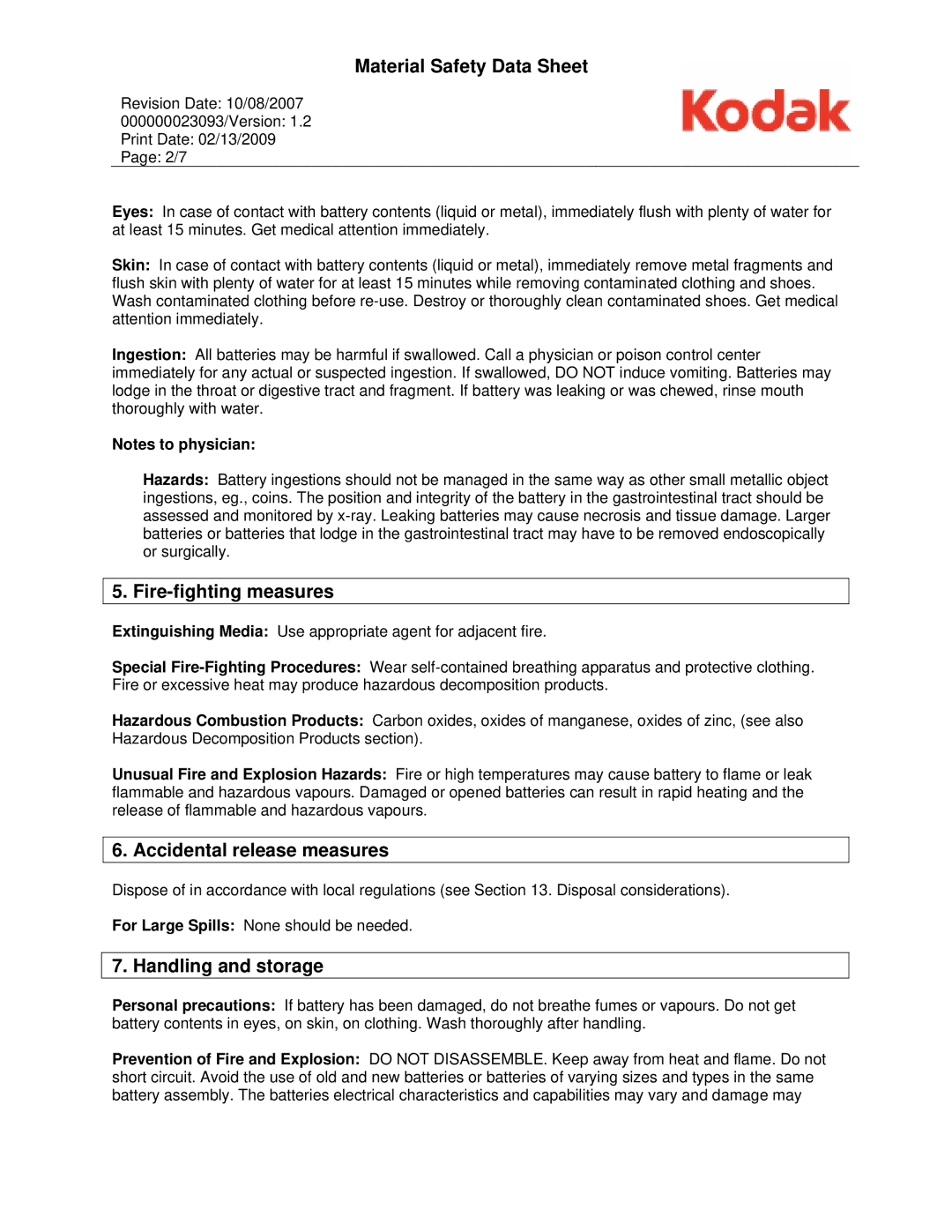 Kodak KAA-P, 1078419 manual Fire-fighting measures, Accidental release measures, Handling and storage 