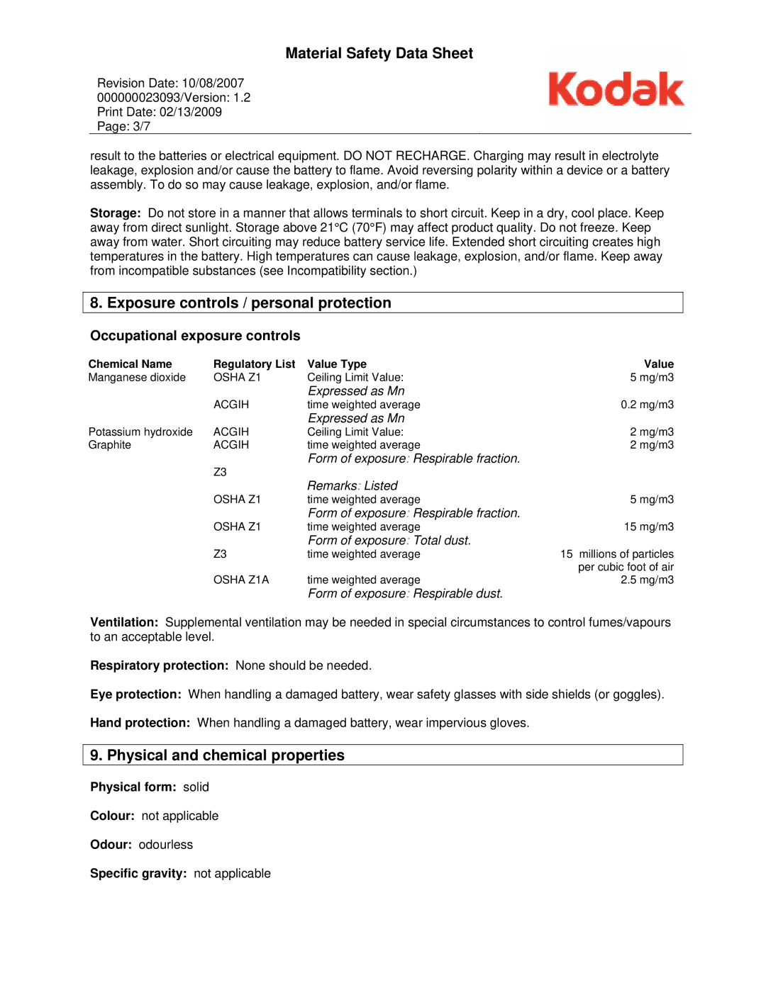 Kodak 1078419 Exposure controls / personal protection, Physical and chemical properties, Occupational exposure controls 