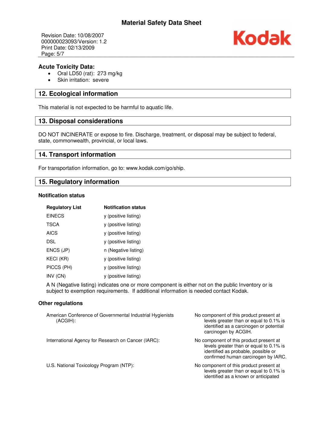 Kodak 1078419, KAA-P manual Ecological information, Disposal considerations, Transport information Regulatory information 