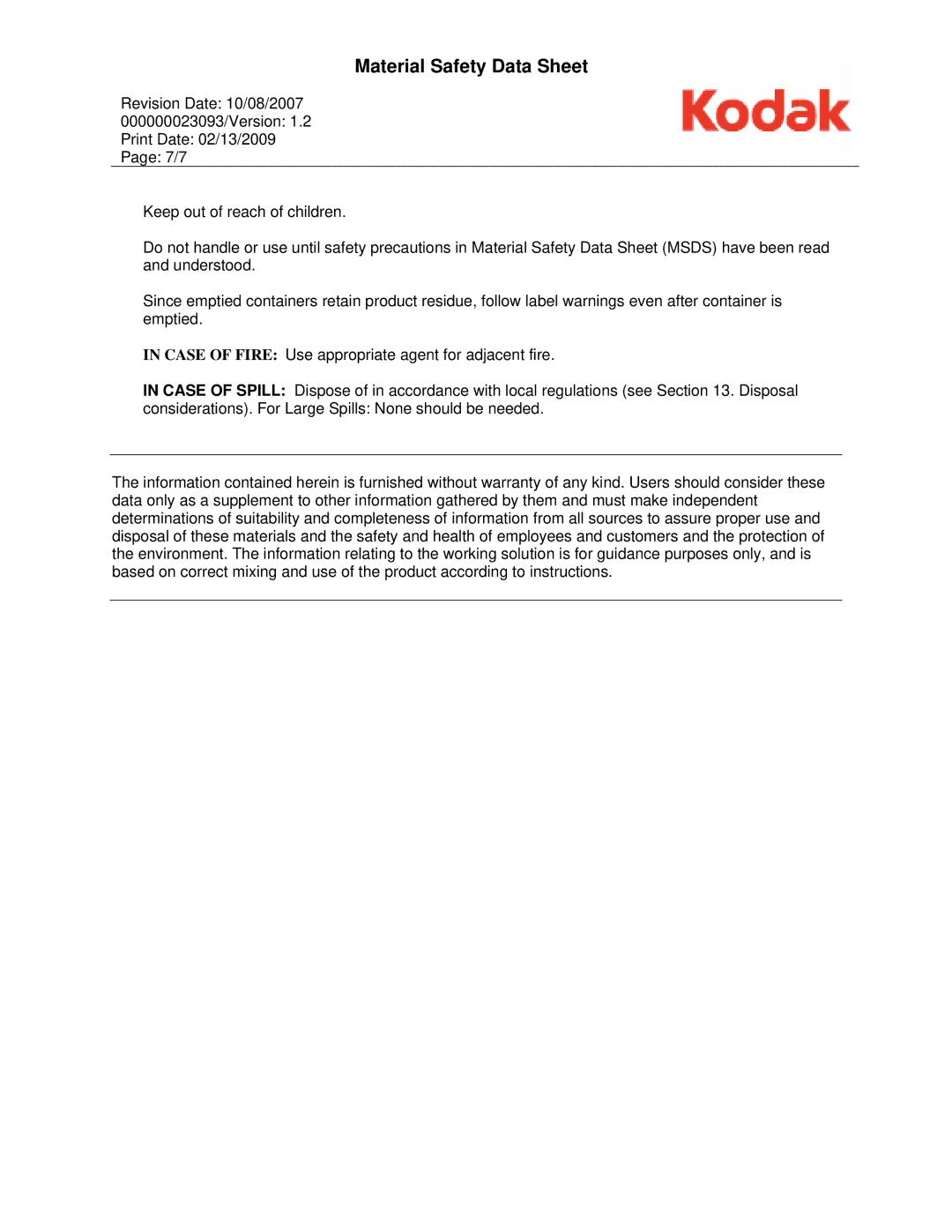 Kodak 1078419, KAA-P manual Material Safety Data Sheet 