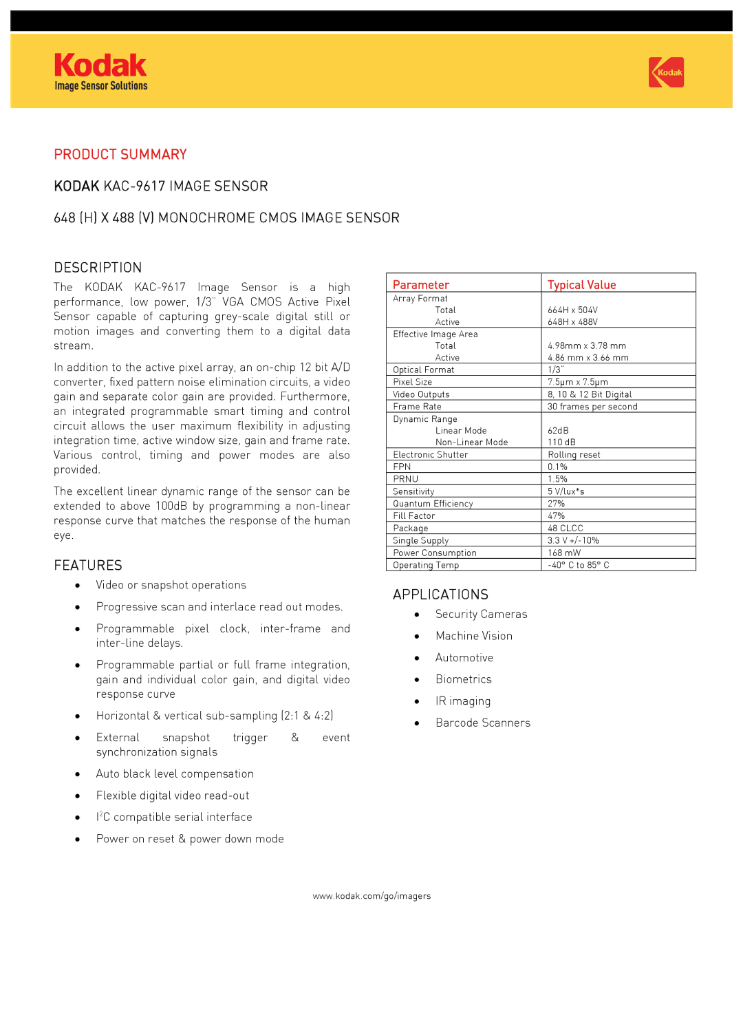 Kodak KAC-9617 manual Product Summary, Features, Applications, Parameter, Typical Value 