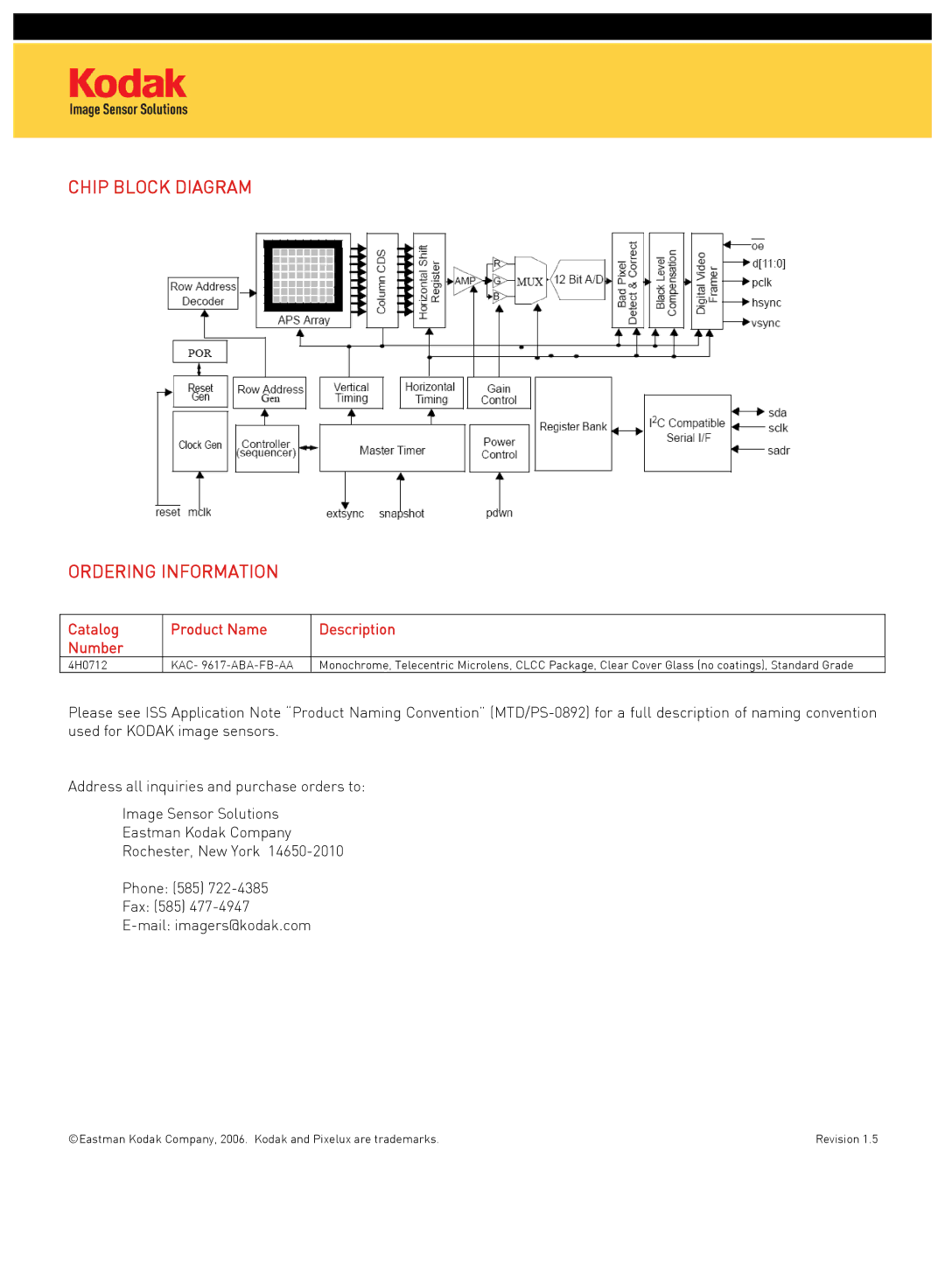 Kodak KAC-9617 Chip Block Diagram Ordering Information, Catalog Product Name Number, Description, KAC- 9617-ABA-FB-AA 