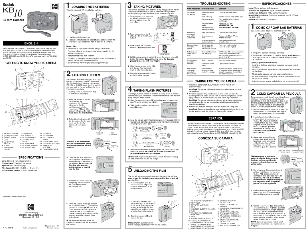 Kodak KB 10 specifications Getting to Know Your Camera Loading the Batteries, Taking Pictures, Troubleshooting 