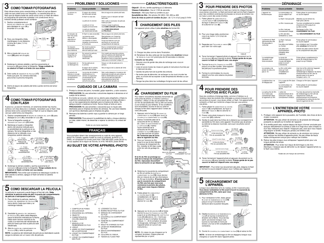 Kodak KB 10 Como Tomar Fotografias, Problemas Y Soluciones, Caractéristiques, Chargement DES Piles, Cuidado DE LA Camara 