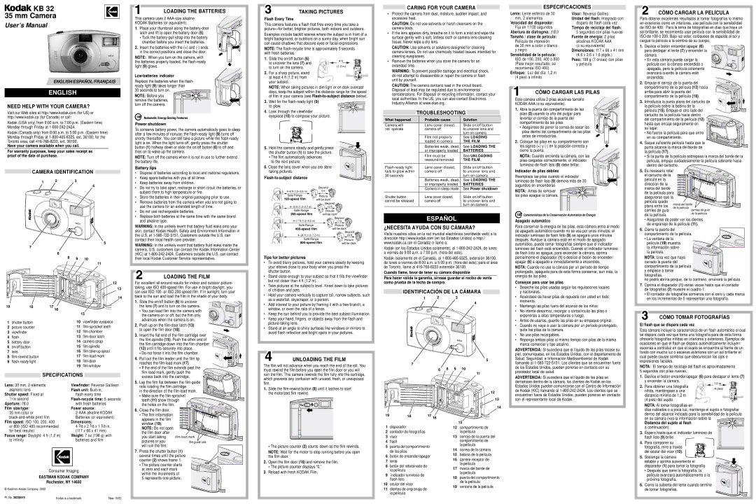 Kodak KB 32 specifications Caring for Your Camera Especificaciones, Taking Pictures, CÓ MO Cargar LA Película 
