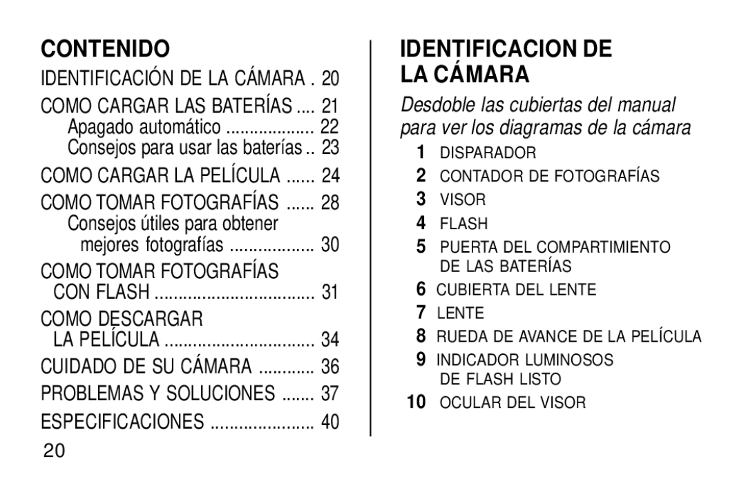 Kodak KB18 manual Contenido, Identificacion DE LA Cámara 