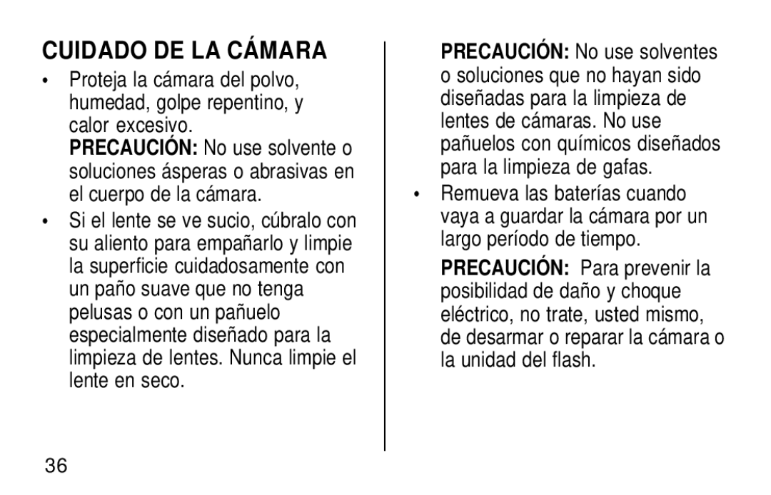 Kodak KB18 manual Cuidado DE LA Cámara 