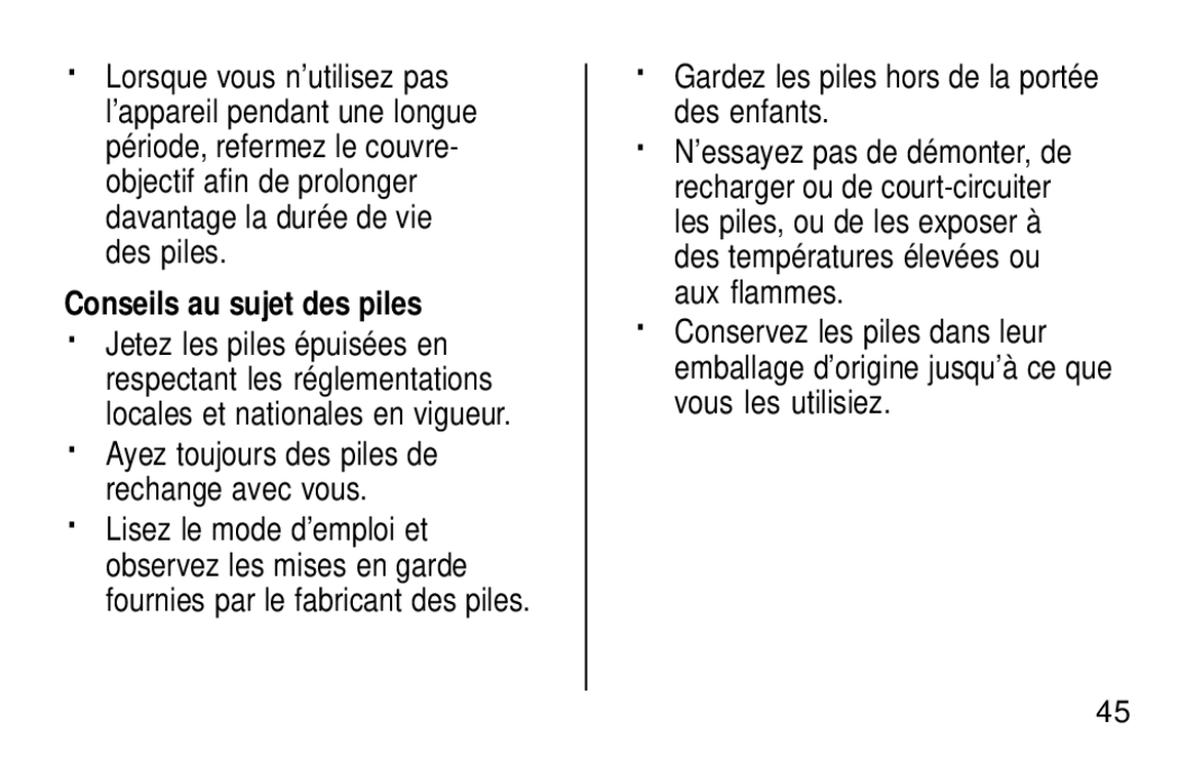 Kodak KB18 manual Conseils au sujet des piles, · Gardez les piles hors de la portée des enfants 