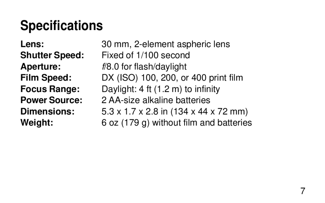 Kodak KB20 manual Specifications 