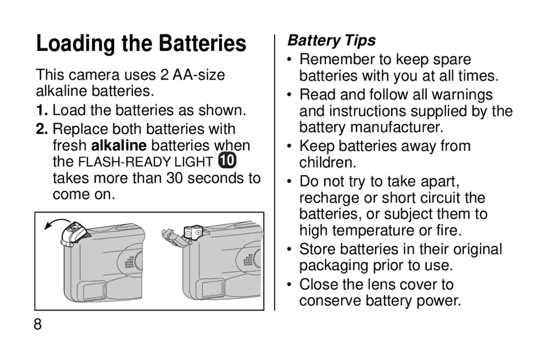 Kodak KB20 manual Loading the Batteries, Battery Tips 