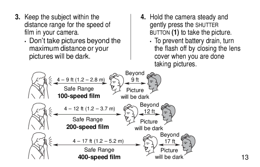 Kodak KB28 manual Keep the subject within, Gently press the Shutter Film in your camera, Maximum distance or your 