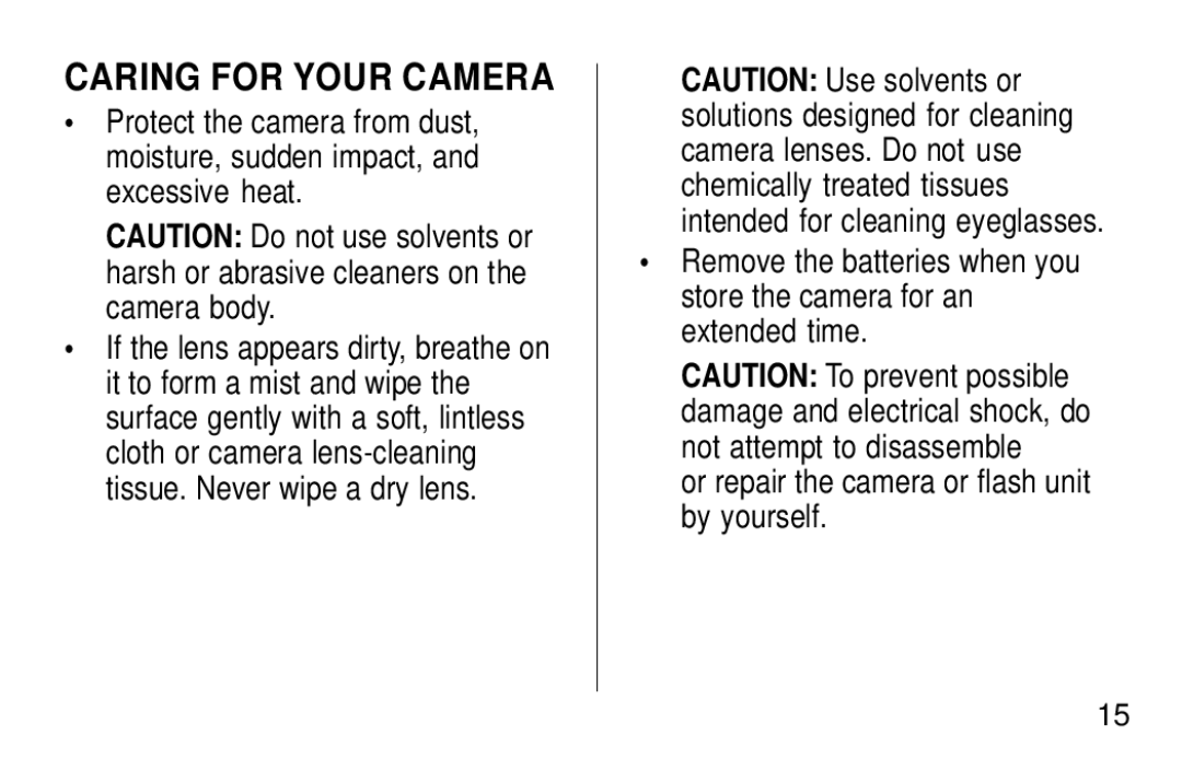 Kodak KB28 manual Caring for Your Camera 