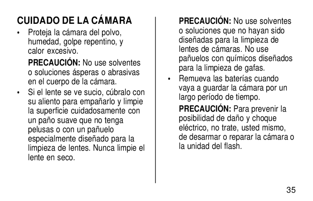 Kodak KB28 manual Cuidado DE LA Cámara 