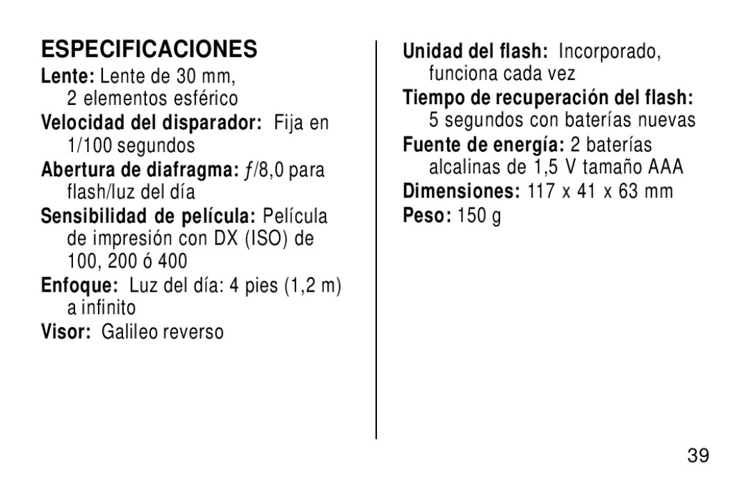 Kodak KB28 manual Especificaciones, Dimensiones 117 x 41 x 63 mm, Peso 150 g 