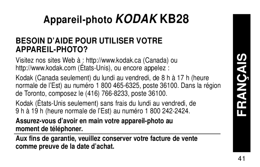 Kodak manual Appareil-photo Kodak KB28, Besoin D’AIDE Pour Utiliser Votre APPAREIL-PHOTO? 