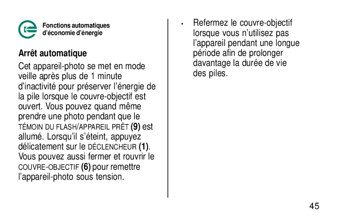 Kodak KB28 manual Arrêt automatique 