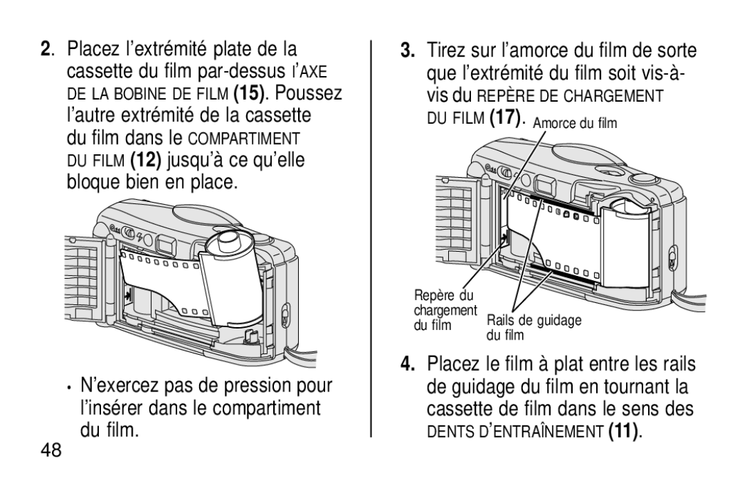 Kodak KB28 manual Placez le film à plat entre les rails 