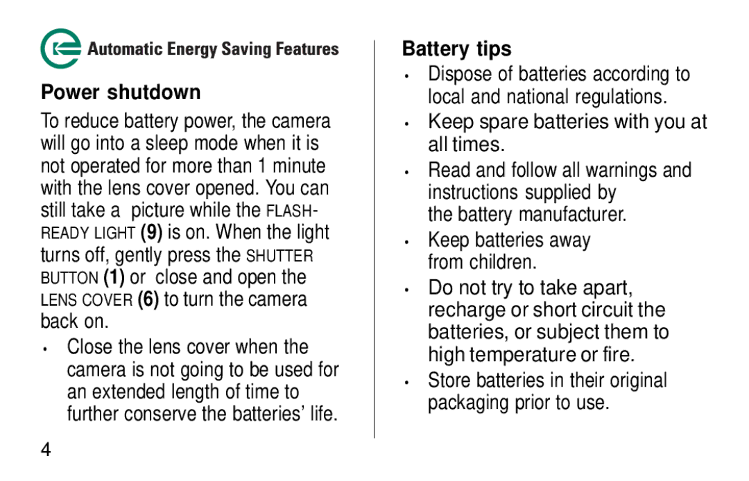 Kodak KB28 manual Power shutdown, Battery tips 