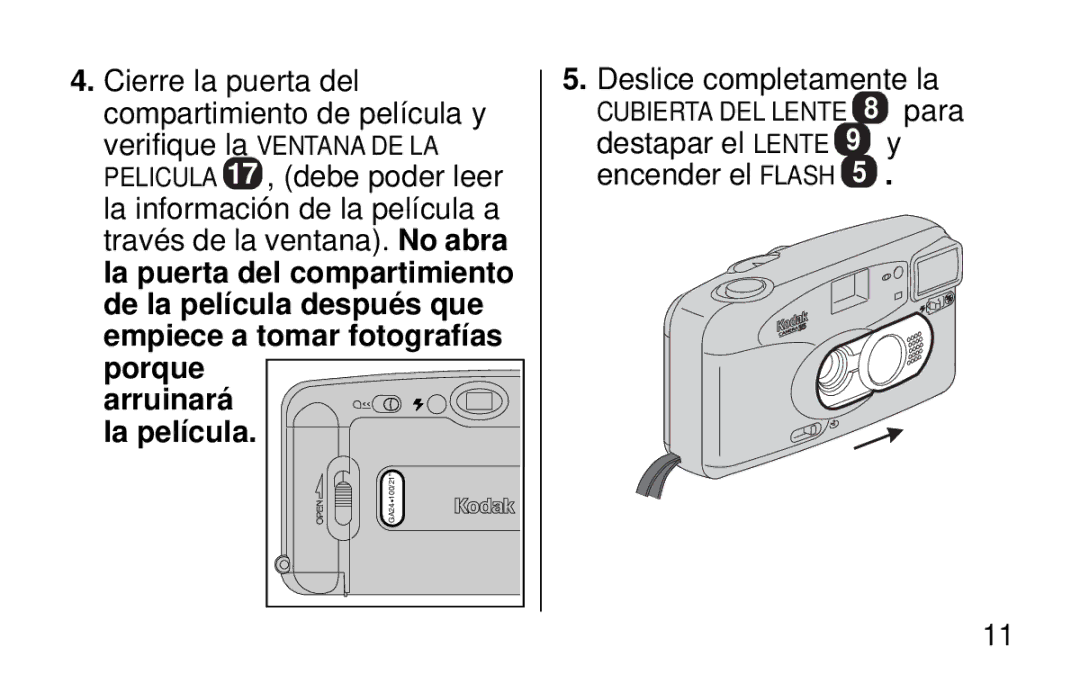 Kodak KB30/35 manual Deslice completamente la, Destapar el Lente 9 y encender el Flash 