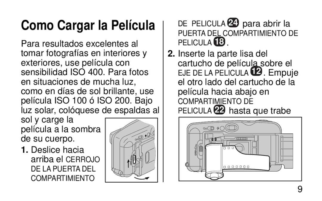 Kodak KB30/35 manual DE Pelicula 24 para abrir la, Inserte la parte lisa del Cartucho de película sobre el 