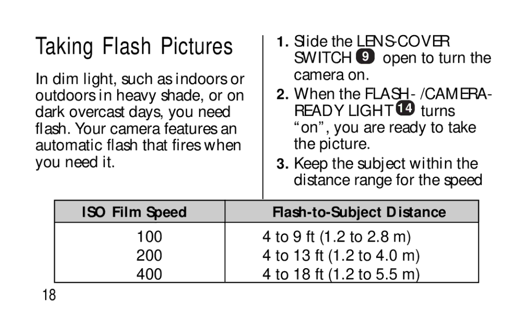 Kodak KC50/55 manual Taking Flash Pictures, ISO Film Speed Flash-to-Subject Distance 