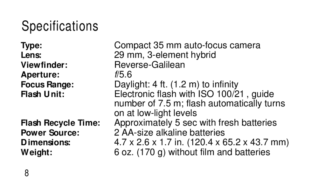 Kodak KC50/55 manual Specifications, Flash Unit 